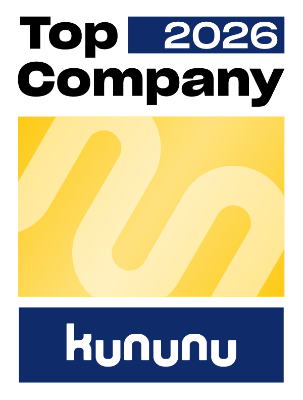 Kununu Top Company 2026 Siegel in Gelb und Blau mit geschwungenem Logo